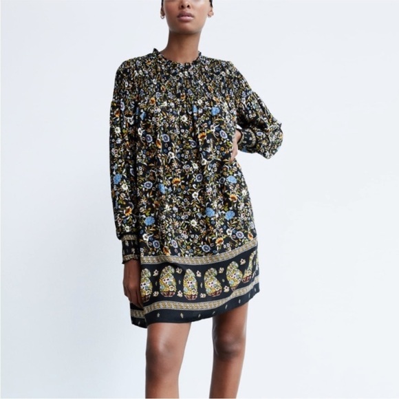 Zara Smocked Long Sleeve Floral Print Dress Large - Picture 1 of 10